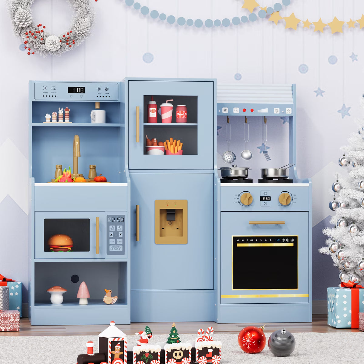 Kids Pretend Play Kitchen Set W/ Realistic Light & Sound, Wooden Kitchen Playset Interactive Toys for Toddler W/ Sink/Stove/Water Dispenser/6-Piece Kitchenware