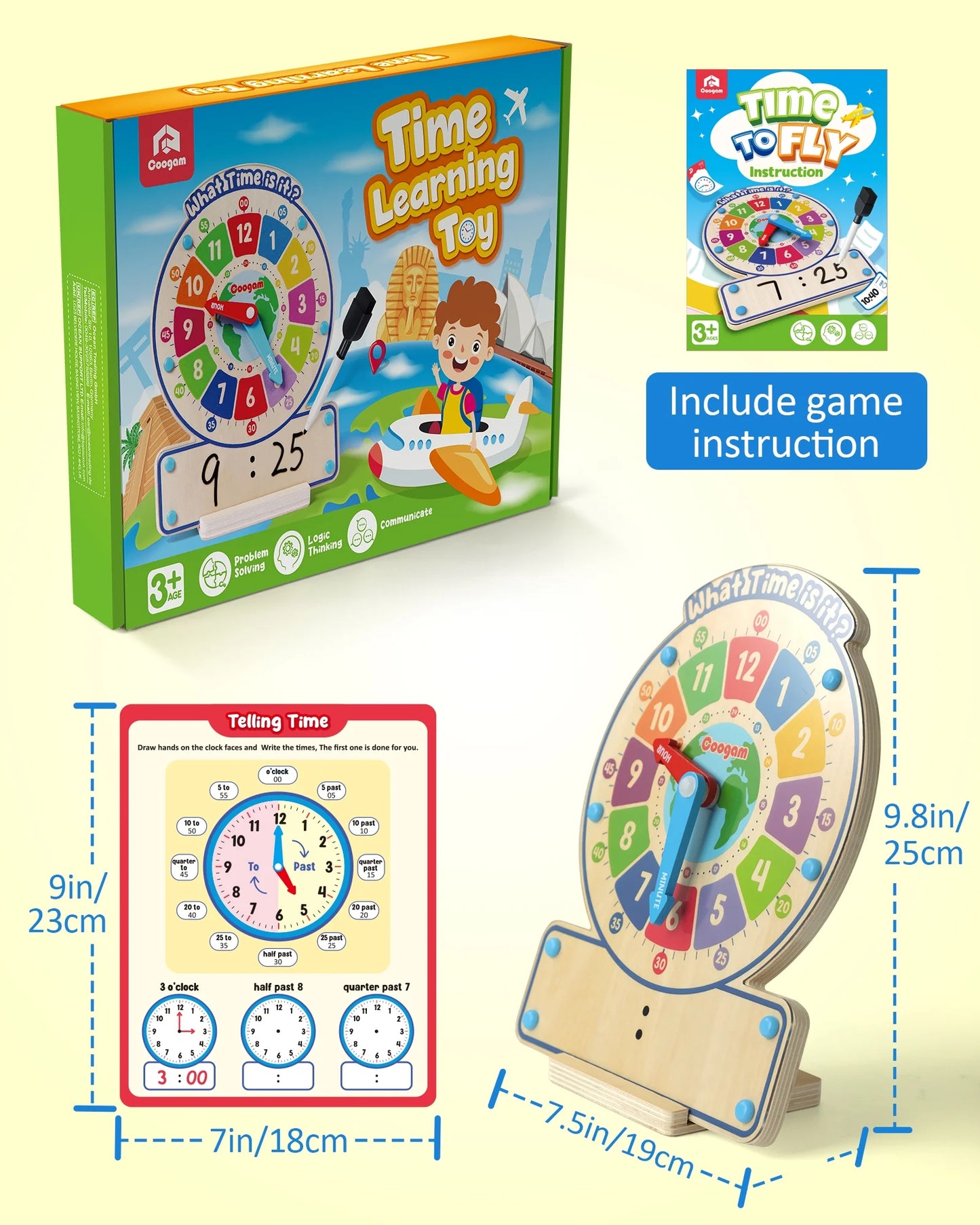 Wooden Clock Teaching Time Toy, Analog Digital Clock with Fly-Telling Board Game, Learning Educational Toy for 3 4 5 Year Old