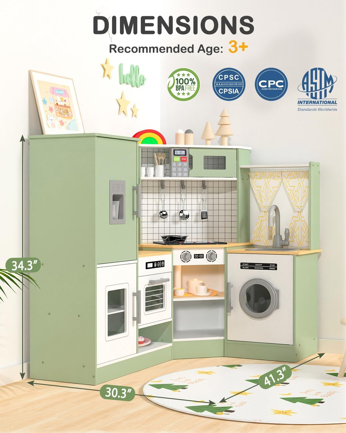 Wooden Corner Kids Play Kitchen, Pretend Play Toy Gift for Kids
