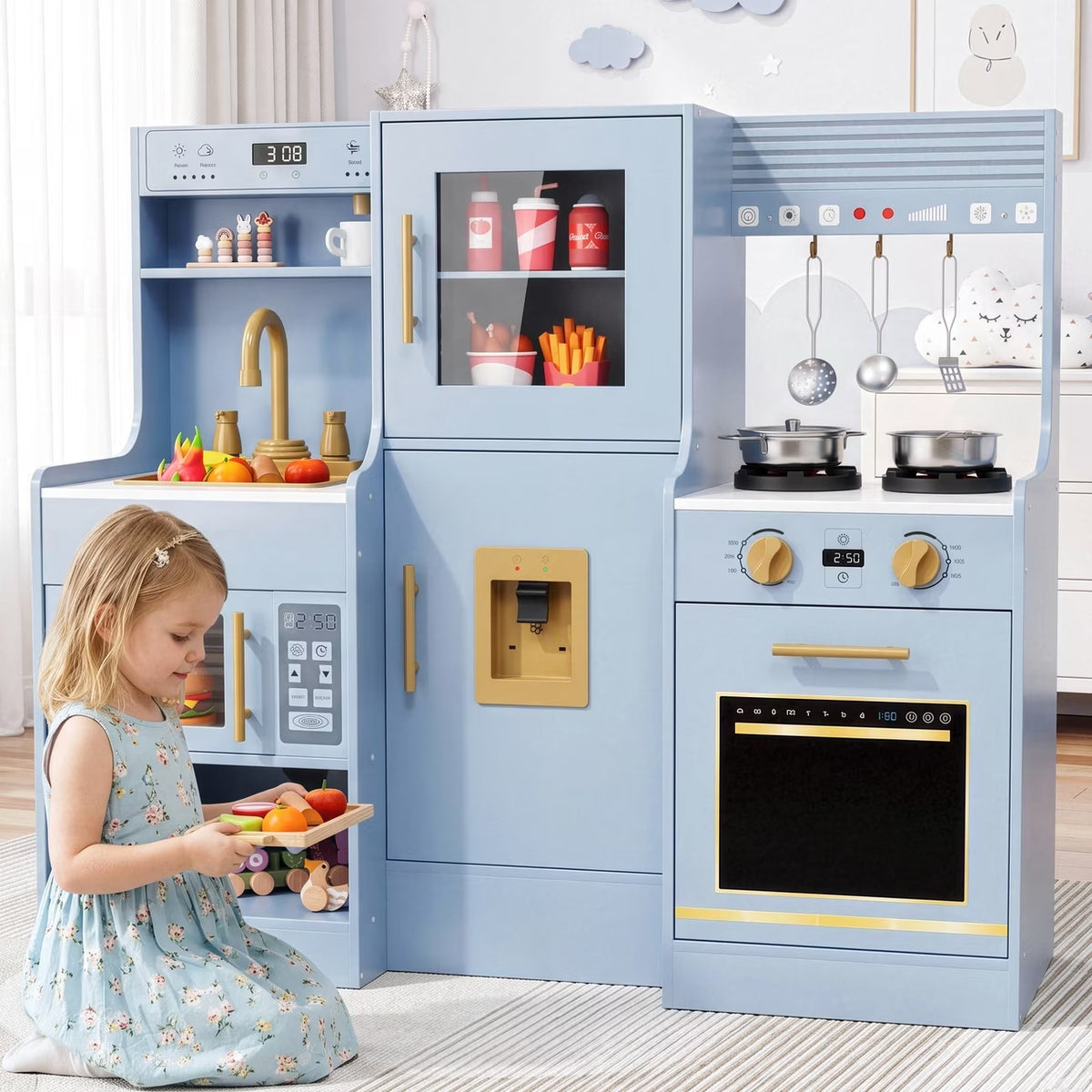 Kids Pretend Play Kitchen Set W/ Realistic Light & Sound, Wooden Kitchen Playset Interactive Toys for Toddler W/ Sink/Stove/Water Dispenser/6-Piece Kitchenware