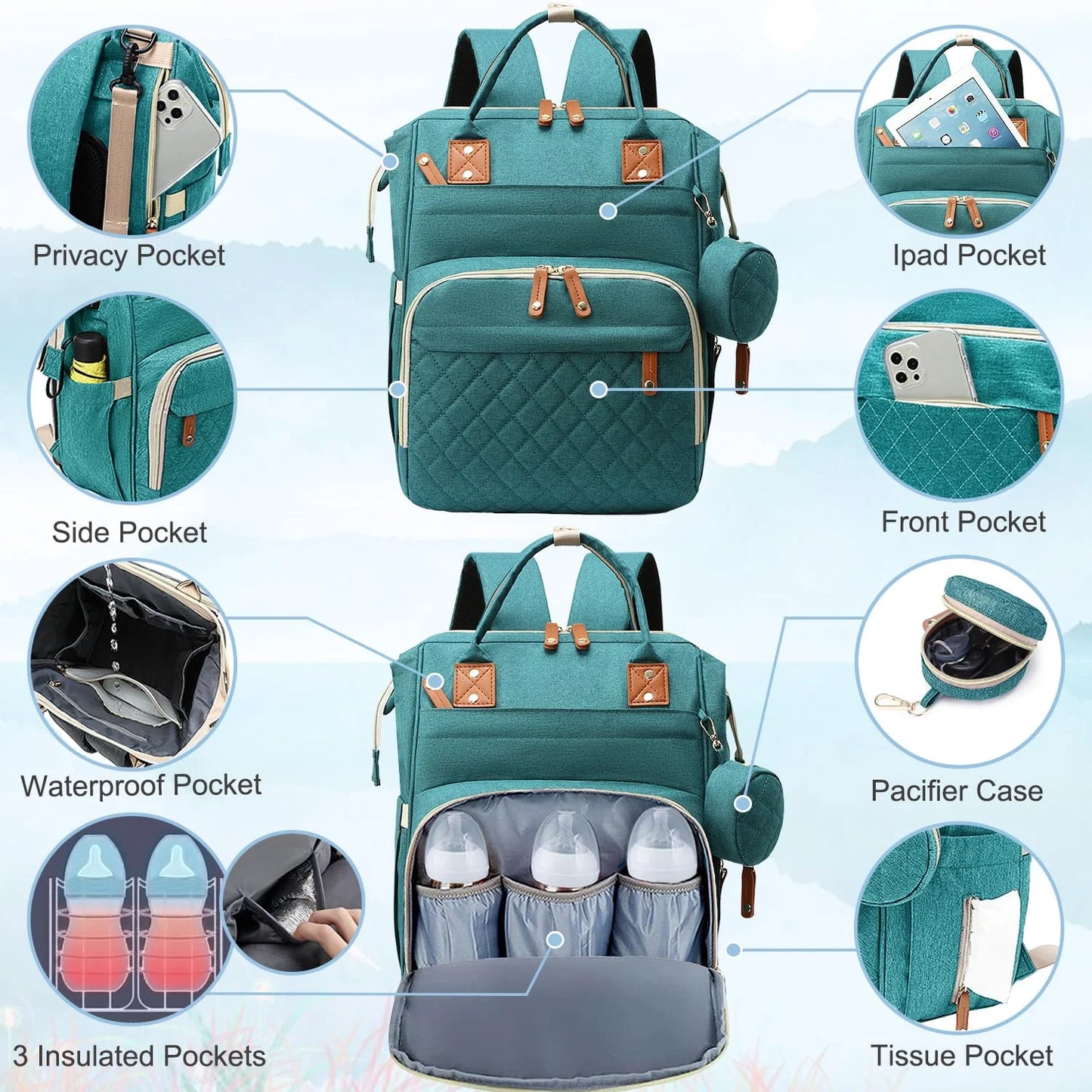 Baby Diaper Bag Backpack, Multifunction Waterproof Baby Bag with USB Charging Port, Stroller Straps & Pacifier Case Unisex,Green