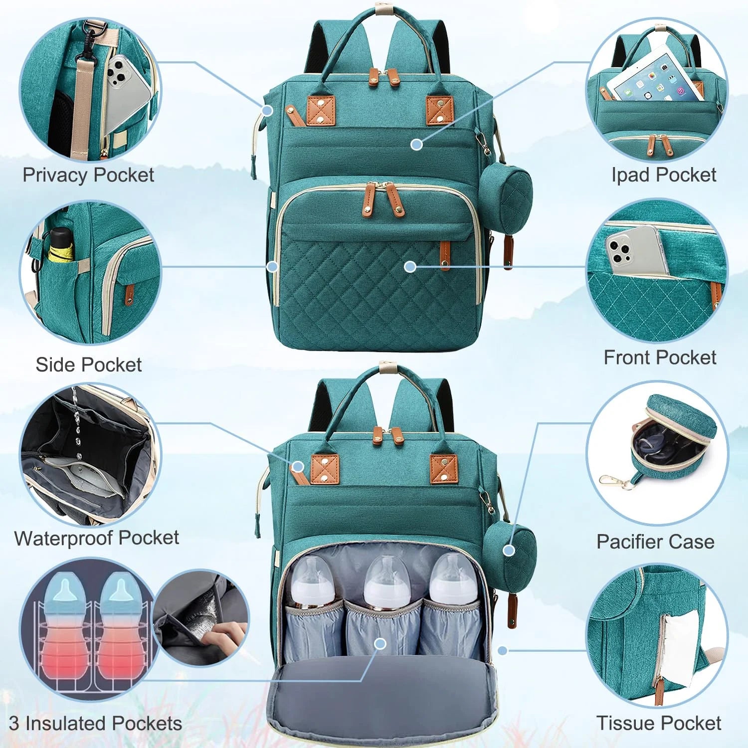 Baby Diaper Bag Backpack, Multifunction Waterproof Baby Bag with USB Charging Port, Stroller Straps & Pacifier Case Unisex,Green
