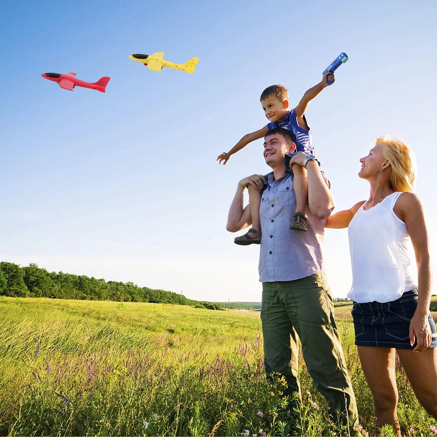 Airplane Launcher Toy for Kids, 3 Pack Outdoor Flying Foam Glider Catapult Planes with Stickers, Throwing Airplane Toys Birthday Gifts for Boys and Girls Ages 4-10