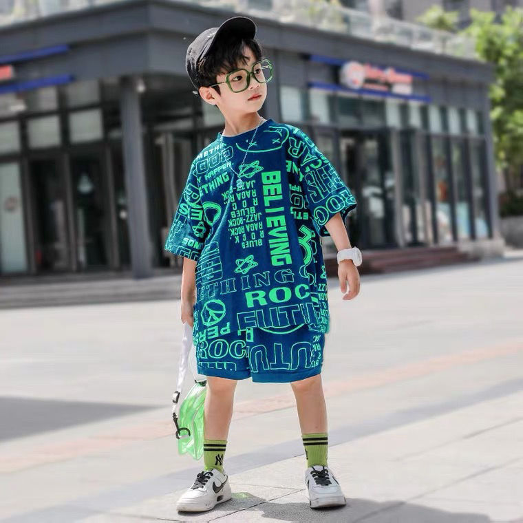 Cotton Boy Summer Suit Handsome New Wave Children's Summer Short-Sleeved Big Boy Boy Western Style Children's Clothing