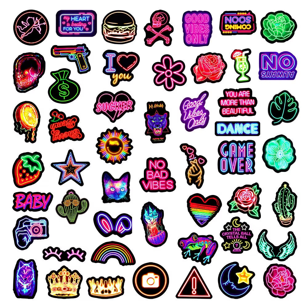 50/100Pcs Graffiti Neon Light Stickers Laptop Car Motorcycle Bike Phone Luggage Cartoon Vinyl Decal Sticker for Kid Gift