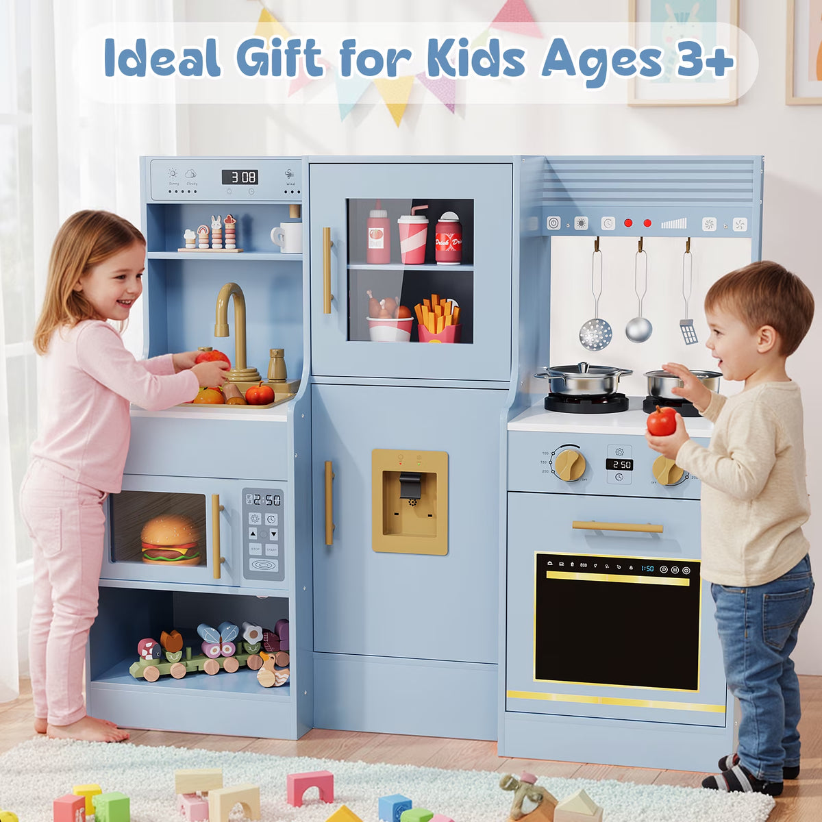 Kids Pretend Play Kitchen Set W/ Realistic Light & Sound, Wooden Kitchen Playset Interactive Toys for Toddler W/ Sink/Stove/Water Dispenser/6-Piece Kitchenware