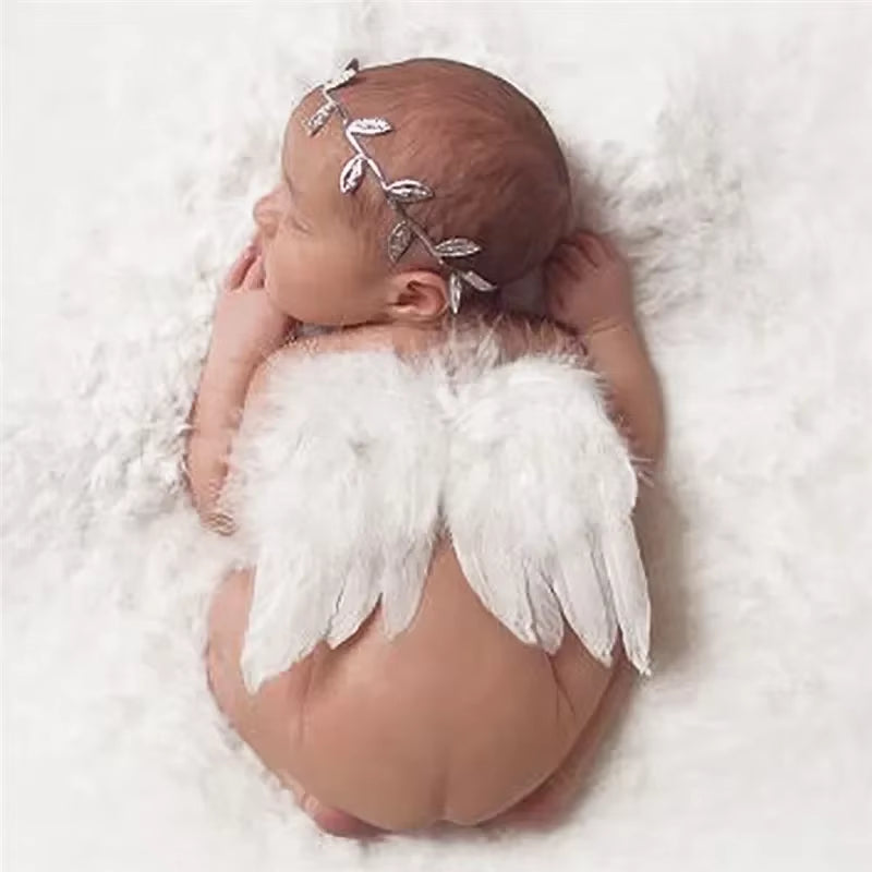 Angel Wings Feather Baby Girl Flower Olive Headband Photo Shoot Hair Accessories for Newborn Photography Props 0-6 Months
