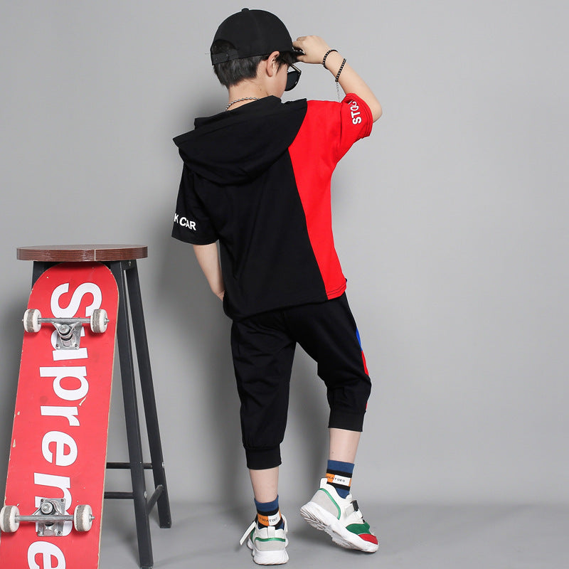 Children's clothing summer new boy short-sleeved suit in the big boy summer Korean version of the boy stitching sportswear tide