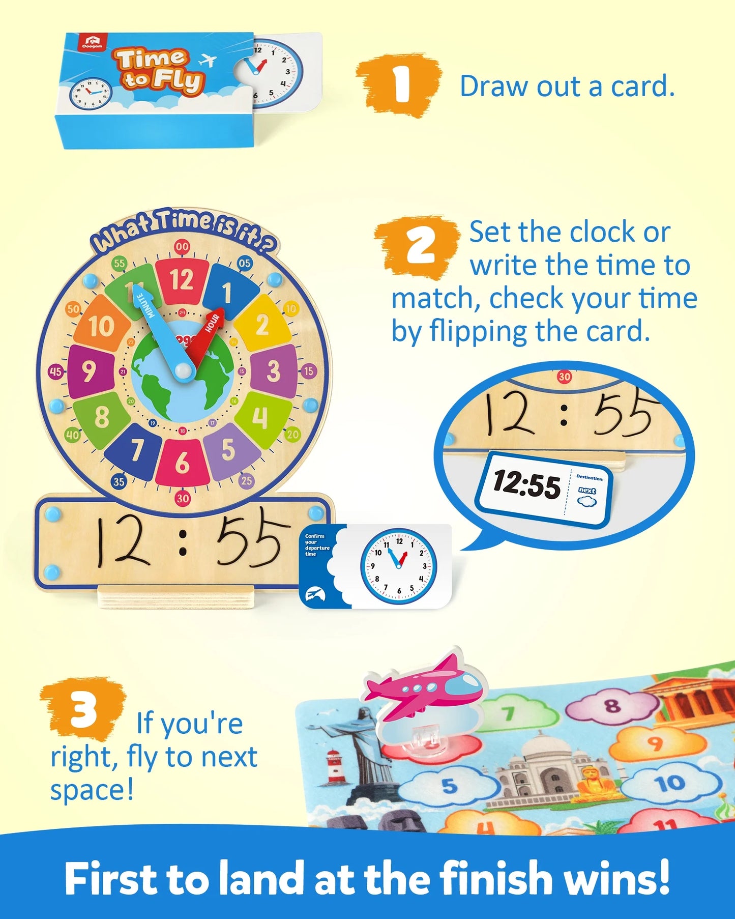 Wooden Clock Teaching Time Toy, Analog Digital Clock with Fly-Telling Board Game, Learning Educational Toy for 3 4 5 Year Old