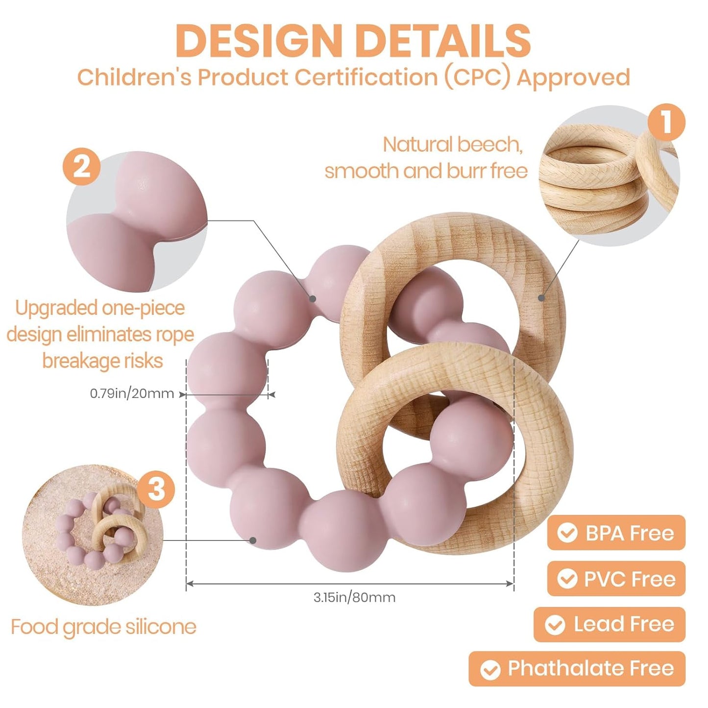 Baby Teething Toys for 0-6 6-12 Months- Bpa-Free Food-Grade Silicone & Natural Beech Wood Teether Ring for Newborn Infants Teething Relief- Easy-Grip Sensory Rattle Toys(Dusty Lilac)