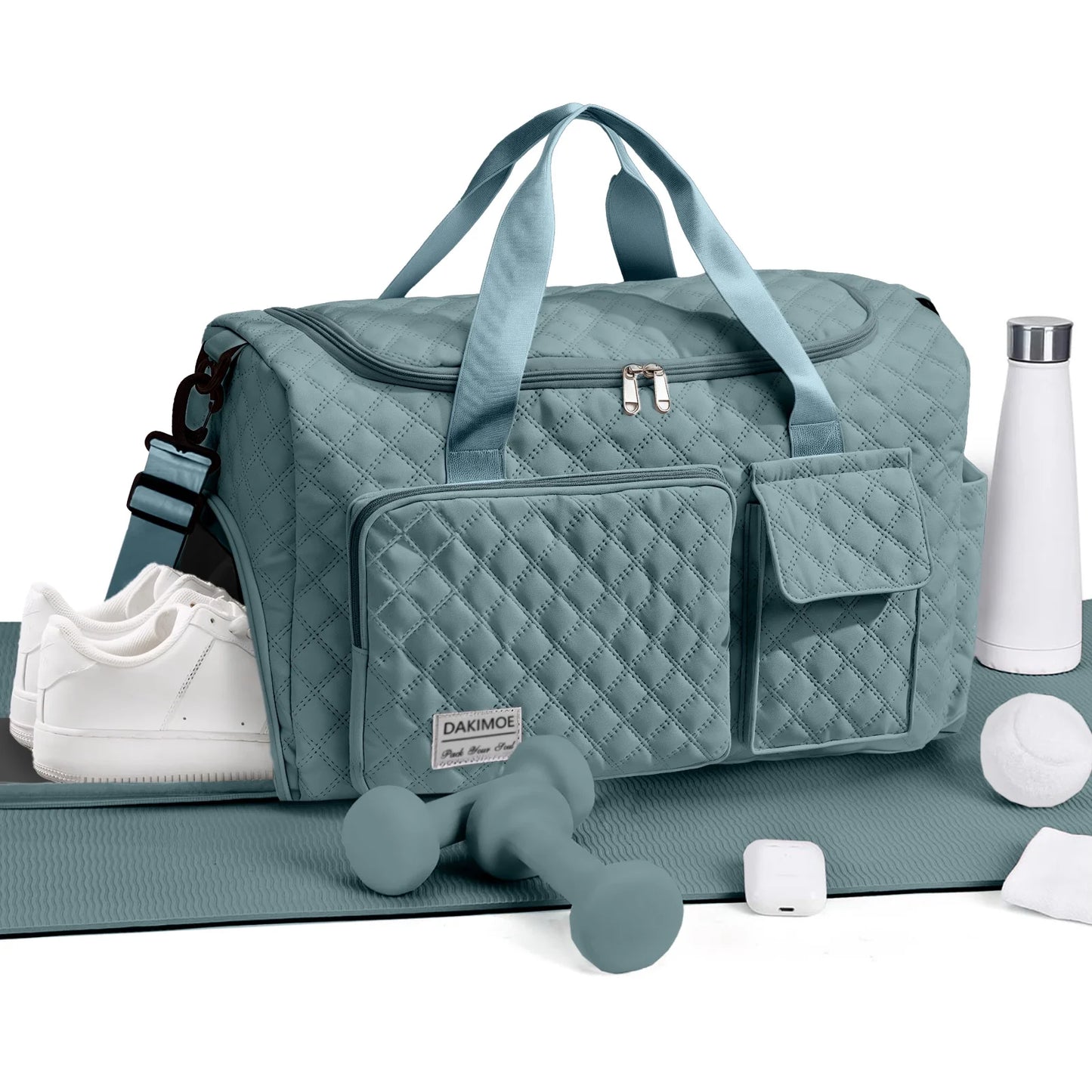 Travel Duffle Bag for Women Men, Weekender Overnight Bags Carry on Gym Bag with Wet Pocket/Adjustable Strap/Shoe Compartment, Foldable Waterproof Duffel Tote for Plane Sports Dance, Green