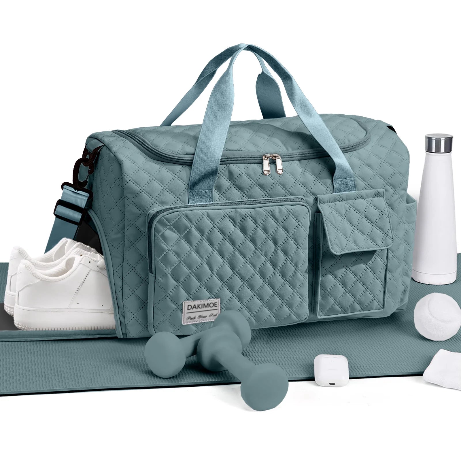 Travel Duffle Bag for Women Men, Weekender Overnight Bags Carry on Gym Bag with Wet Pocket/Adjustable Strap/Shoe Compartment, Foldable Waterproof Duffel Tote for Plane Sports Dance, Green
