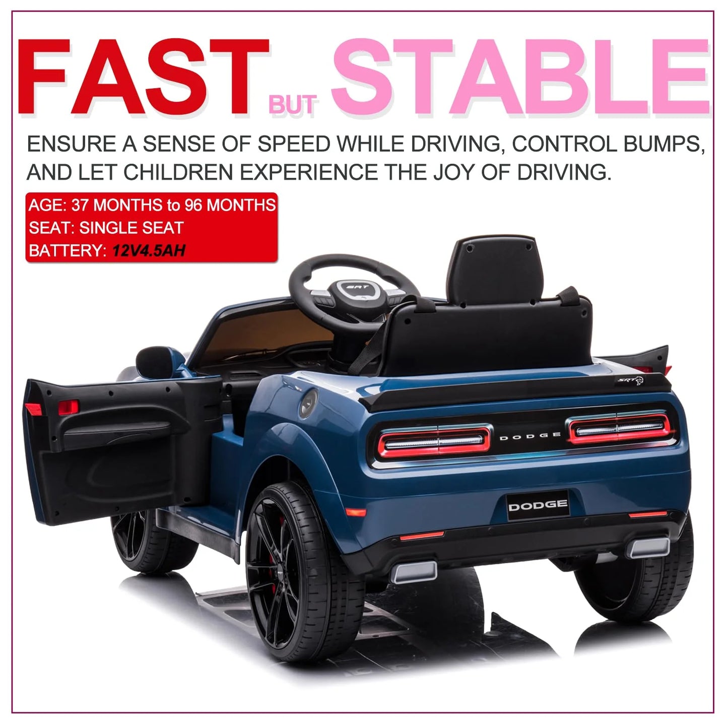 Kids Electric Car | Licensed Dodge Challenger Ride-On 12V Battery-Powered Vehicle with Remote, LED Lights, Bluetooth, MP3 for Boys and Girls,Christmas Gift for Kids