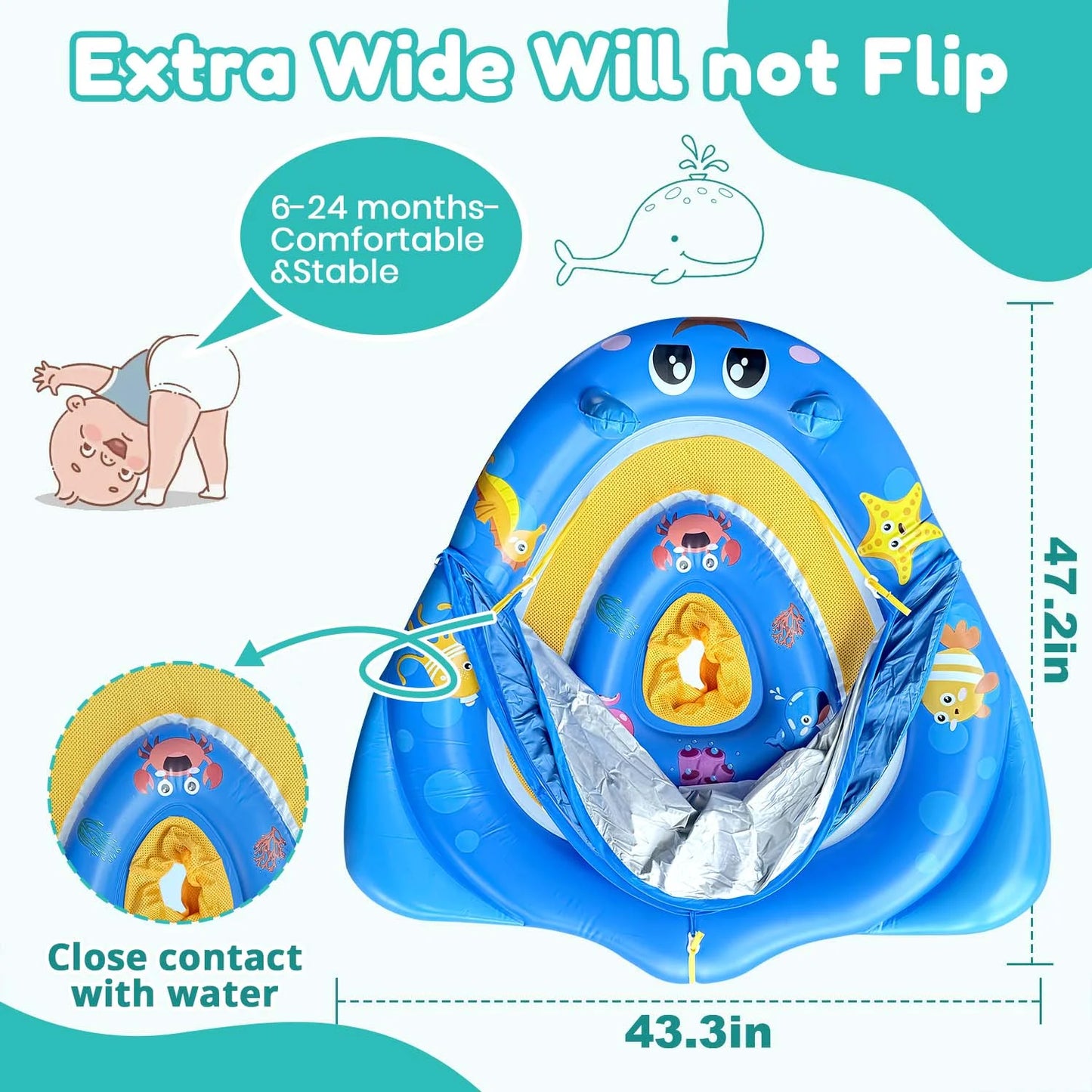 Baby Pool Float with Canopy UPF50+ Sun Protection, 6-24 Months Inflatable Infant Swimming Ring with Adjustable Safety Seat