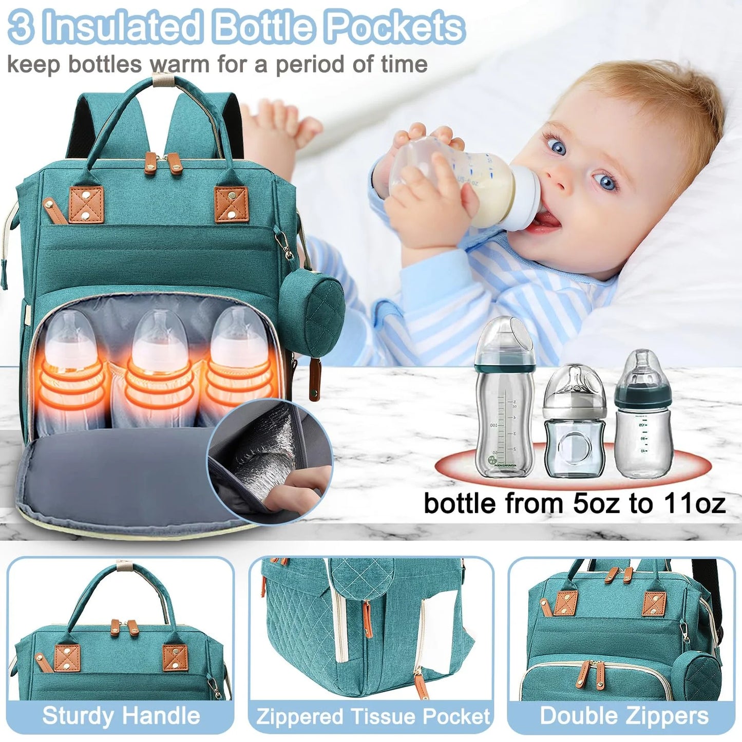 Baby Diaper Bag Backpack, Multifunction Waterproof Baby Bag with USB Charging Port, Stroller Straps & Pacifier Case Unisex,Green