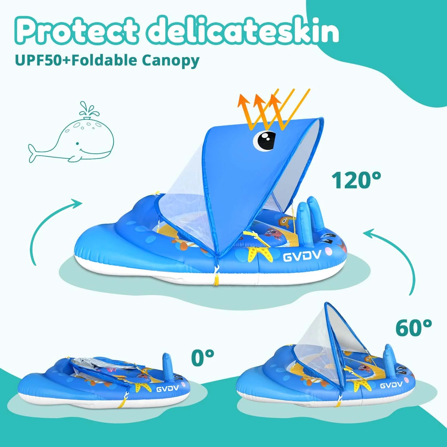 Baby Pool Float with Canopy UPF50+ Sun Protection, 6-24 Months Inflatable Infant Swimming Ring with Adjustable Safety Seat