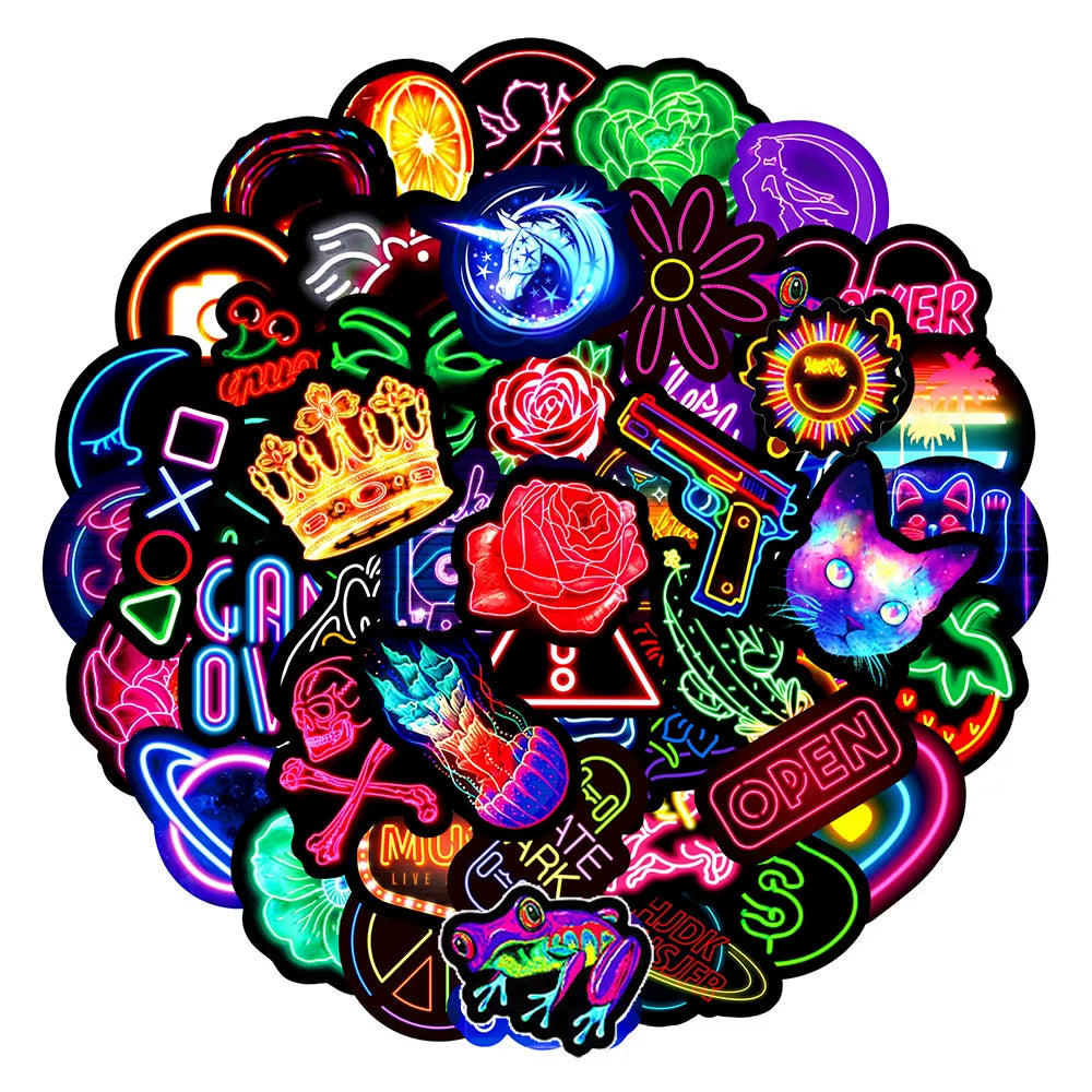 50/100Pcs Graffiti Neon Light Stickers Laptop Car Motorcycle Bike Phone Luggage Cartoon Vinyl Decal Sticker for Kid Gift