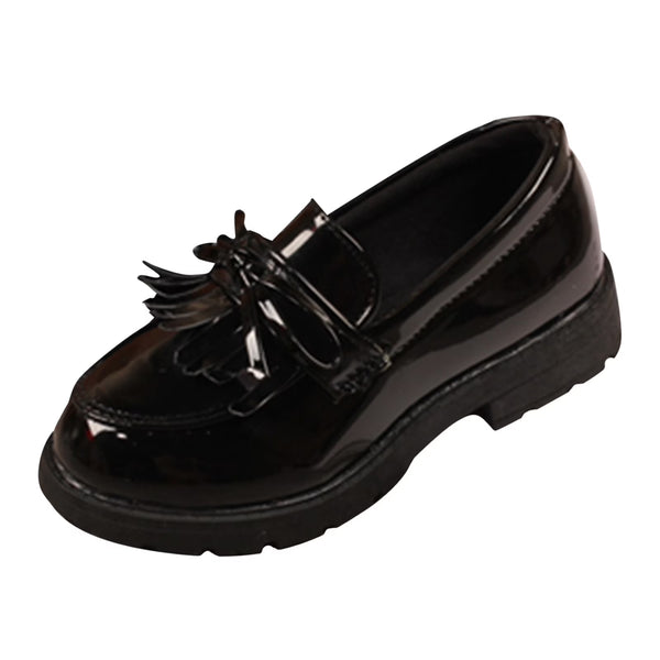 Kids Girls Slip on Leather Loafer Tassel Bow Flat School Dress Shoes for Girls Black Children Casual Small Leather Shoes Indoor Outdoor Wear