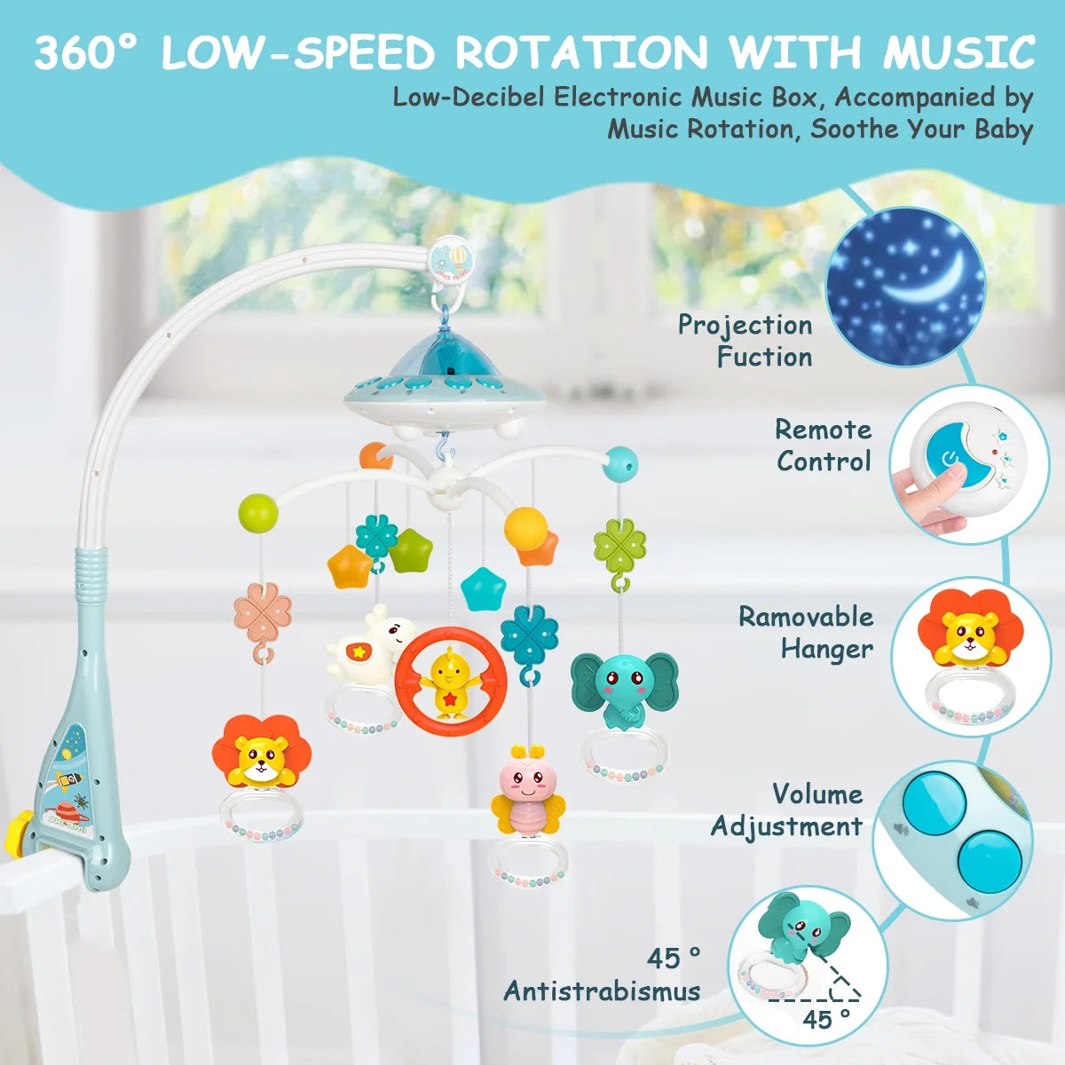 Baby Mobile Toy with Music and Lights, Portable Mobiles for Baby, Musical Mobile