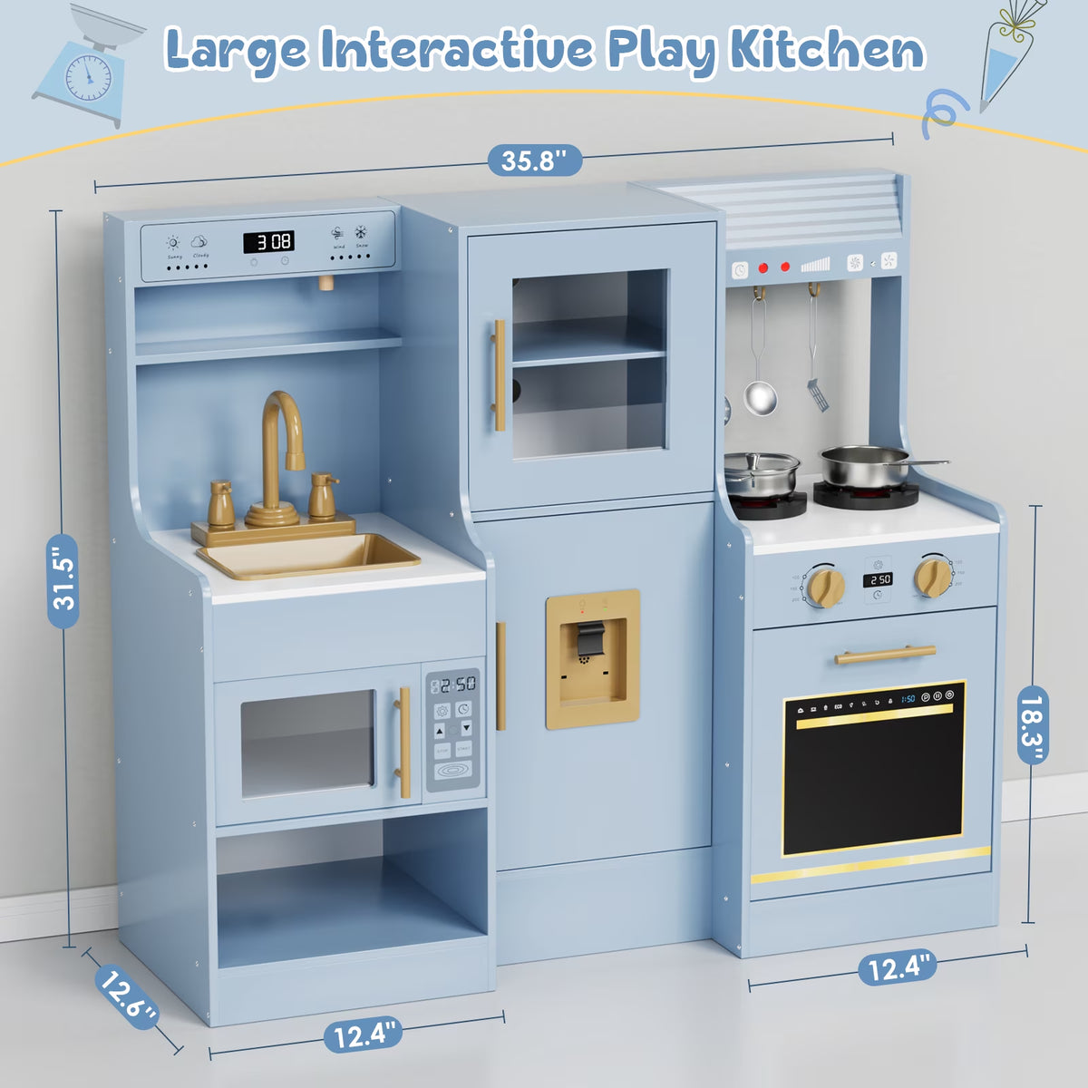 Kids Pretend Play Kitchen Set W/ Realistic Light & Sound, Wooden Kitchen Playset Interactive Toys for Toddler W/ Sink/Stove/Water Dispenser/6-Piece Kitchenware