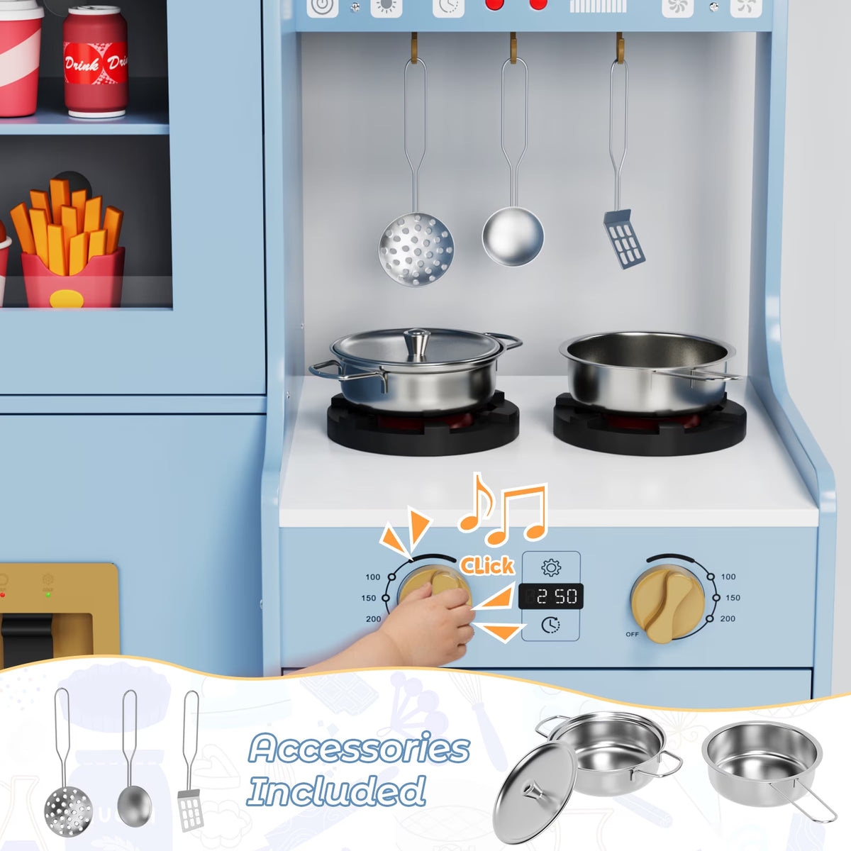 Kids Pretend Play Kitchen Set W/ Realistic Light & Sound, Wooden Kitchen Playset Interactive Toys for Toddler W/ Sink/Stove/Water Dispenser/6-Piece Kitchenware