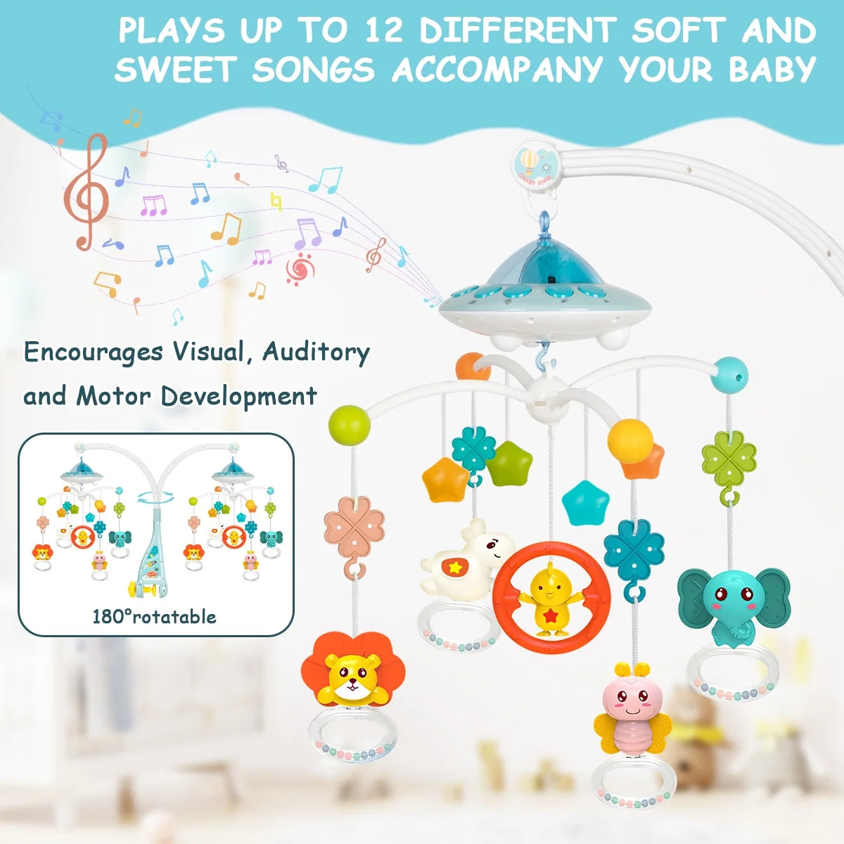 Baby Mobile Toy with Music and Lights, Portable Mobiles for Baby, Musical Mobile