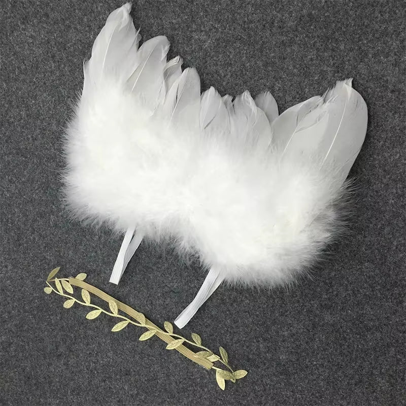Angel Wings Feather Baby Girl Flower Olive Headband Photo Shoot Hair Accessories for Newborn Photography Props 0-6 Months