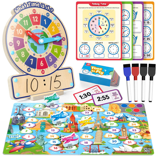 Wooden Clock Teaching Time Toy, Analog Digital Clock with Fly-Telling Board Game, Learning Educational Toy for 3 4 5 Year Old