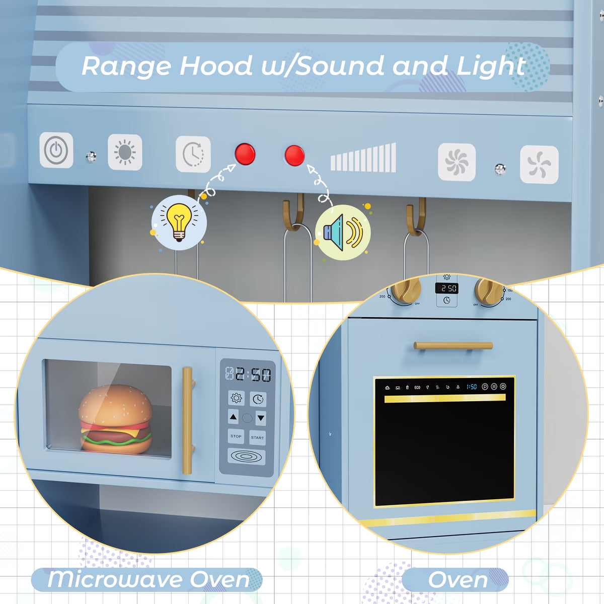Kids Pretend Play Kitchen Set W/ Realistic Light & Sound, Wooden Kitchen Playset Interactive Toys for Toddler W/ Sink/Stove/Water Dispenser/6-Piece Kitchenware