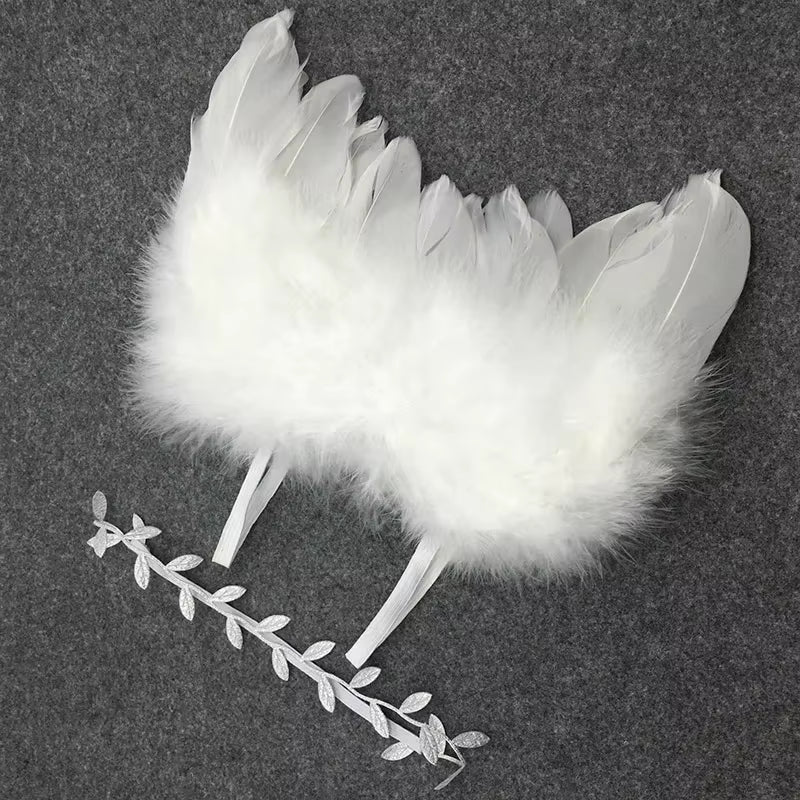 Angel Wings Feather Baby Girl Flower Olive Headband Photo Shoot Hair Accessories for Newborn Photography Props 0-6 Months