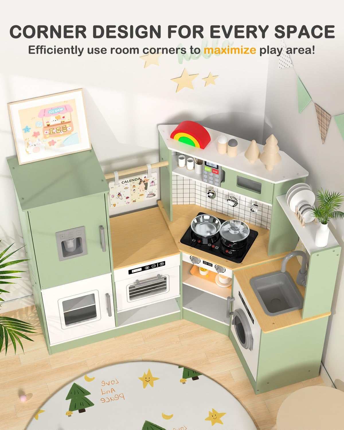 Wooden Corner Kids Play Kitchen, Pretend Play Toy Gift for Kids