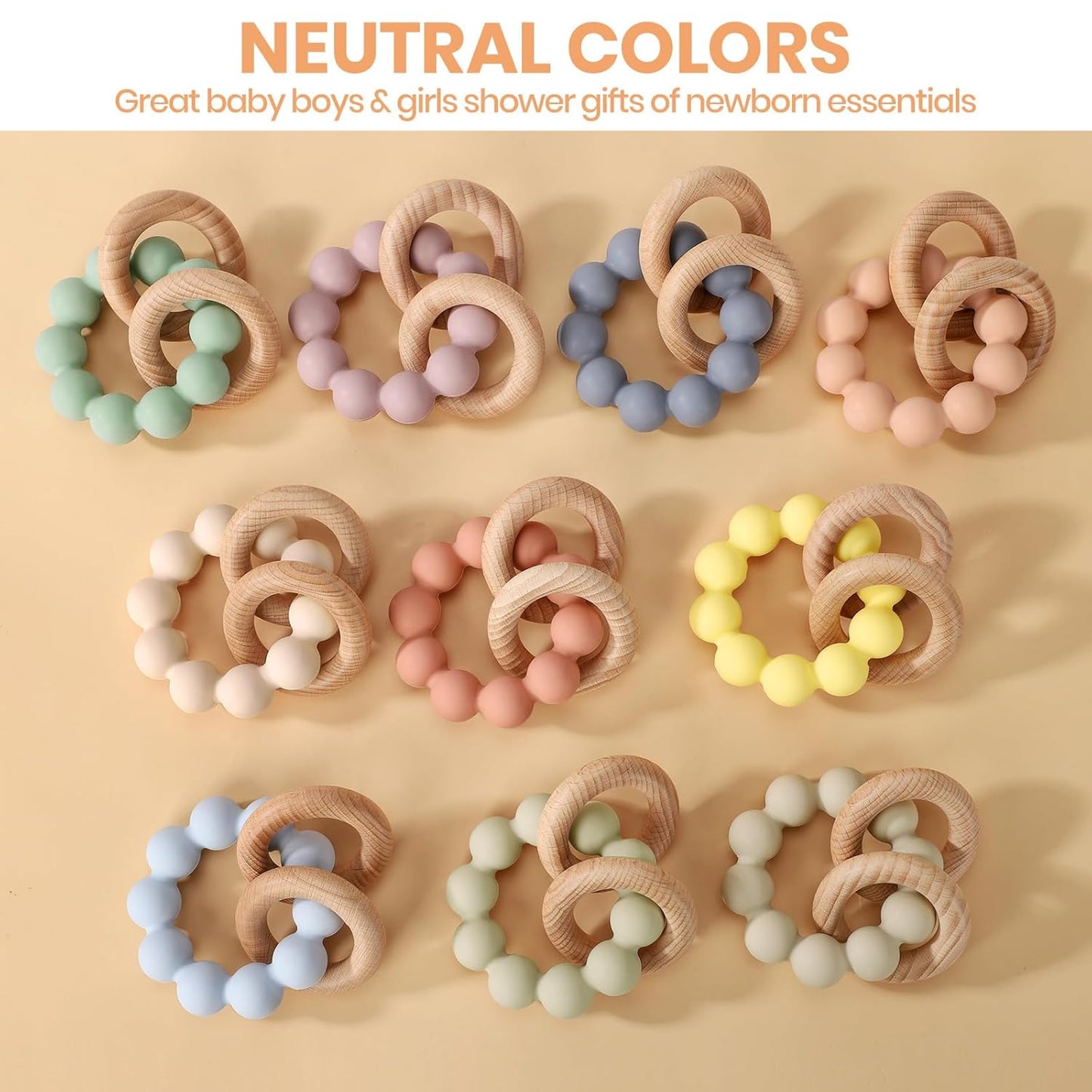 Baby Teething Toys for 0-6 6-12 Months- Bpa-Free Food-Grade Silicone & Natural Beech Wood Teether Ring for Newborn Infants Teething Relief- Easy-Grip Sensory Rattle Toys(Dusty Lilac)