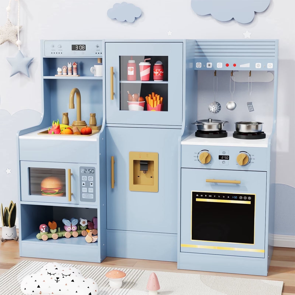 Kids Pretend Play Kitchen Set W/ Realistic Light & Sound, Wooden Kitchen Playset Interactive Toys for Toddler W/ Sink/Stove/Water Dispenser/6-Piece Kitchenware