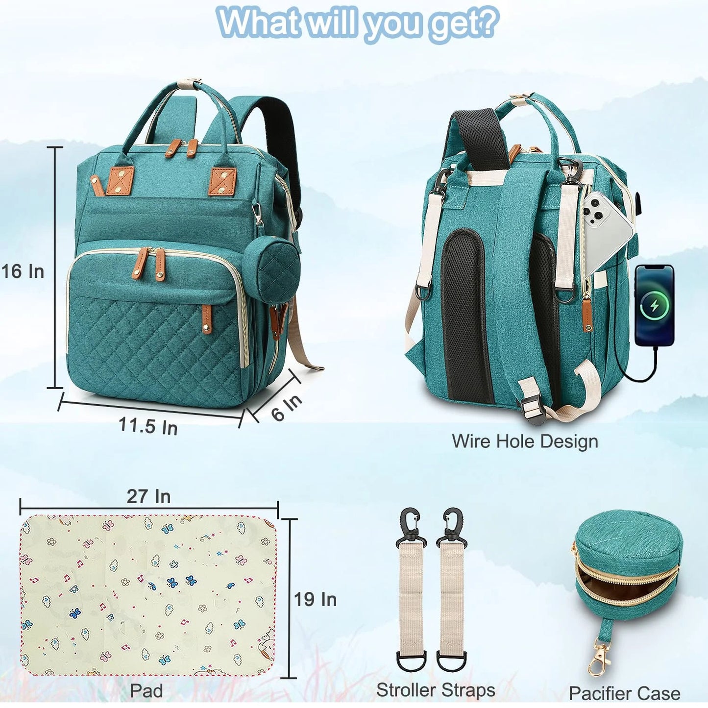 Baby Diaper Bag Backpack, Multifunction Waterproof Baby Bag with USB Charging Port, Stroller Straps & Pacifier Case Unisex,Green