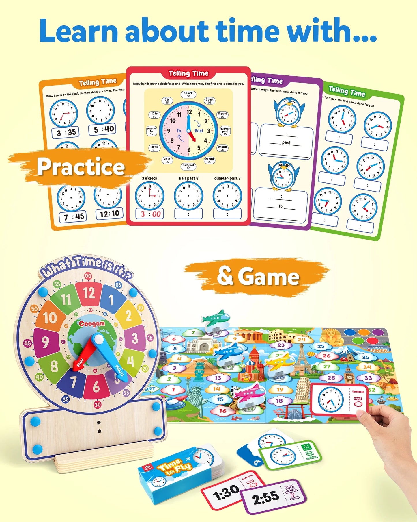 Wooden Clock Teaching Time Toy, Analog Digital Clock with Fly-Telling Board Game, Learning Educational Toy for 3 4 5 Year Old