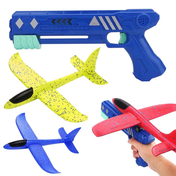 Airplane Launcher Toy for Kids, 3 Pack Outdoor Flying Foam Glider Catapult Planes with Stickers, Throwing Airplane Toys Birthday Gifts for Boys and Girls Ages 4-10