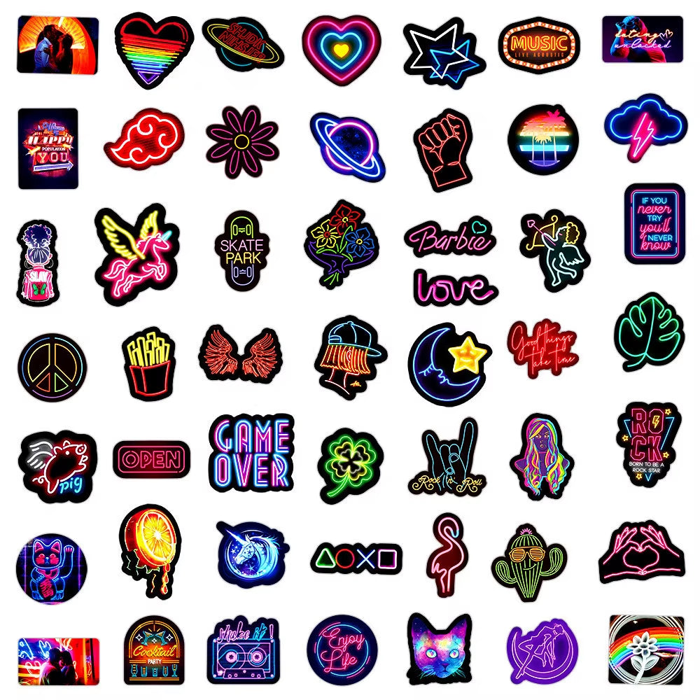 50/100Pcs Graffiti Neon Light Stickers Laptop Car Motorcycle Bike Phone Luggage Cartoon Vinyl Decal Sticker for Kid Gift