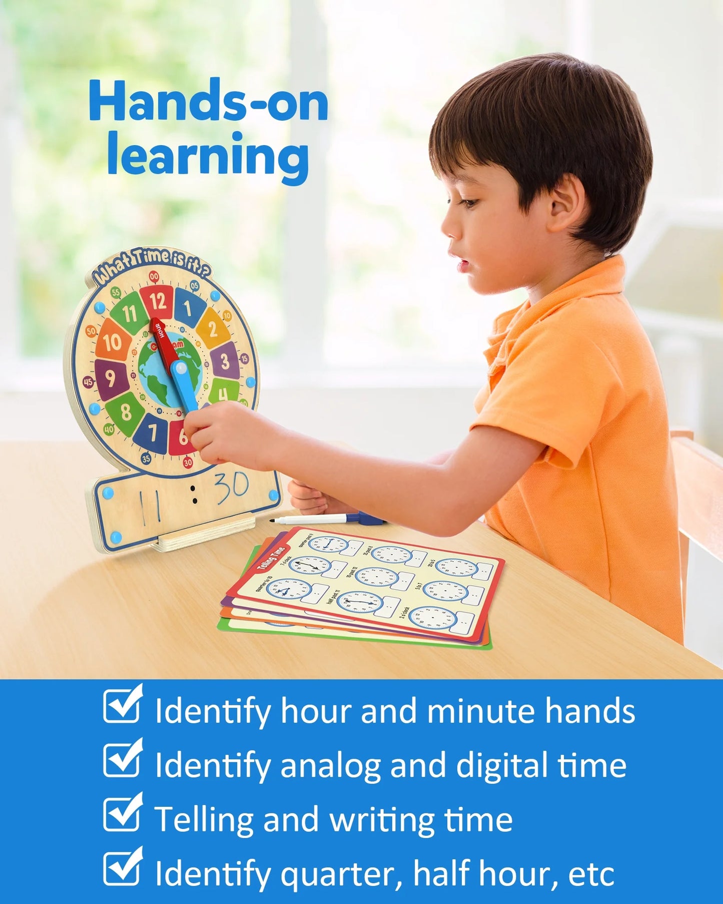 Wooden Clock Teaching Time Toy, Analog Digital Clock with Fly-Telling Board Game, Learning Educational Toy for 3 4 5 Year Old