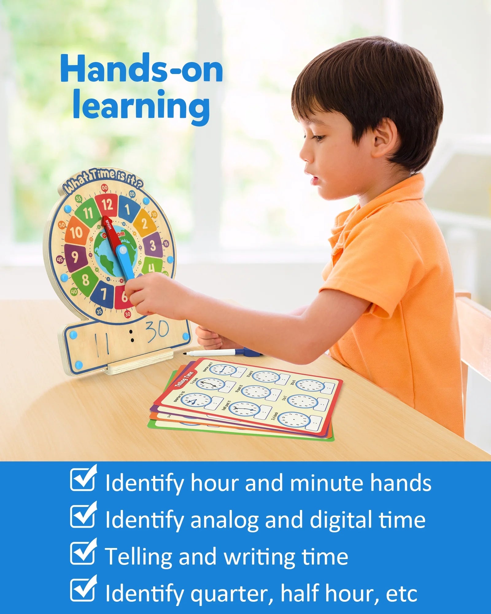 Wooden Clock Teaching Time Toy, Analog Digital Clock with Fly-Telling Board Game, Learning Educational Toy for 3 4 5 Year Old