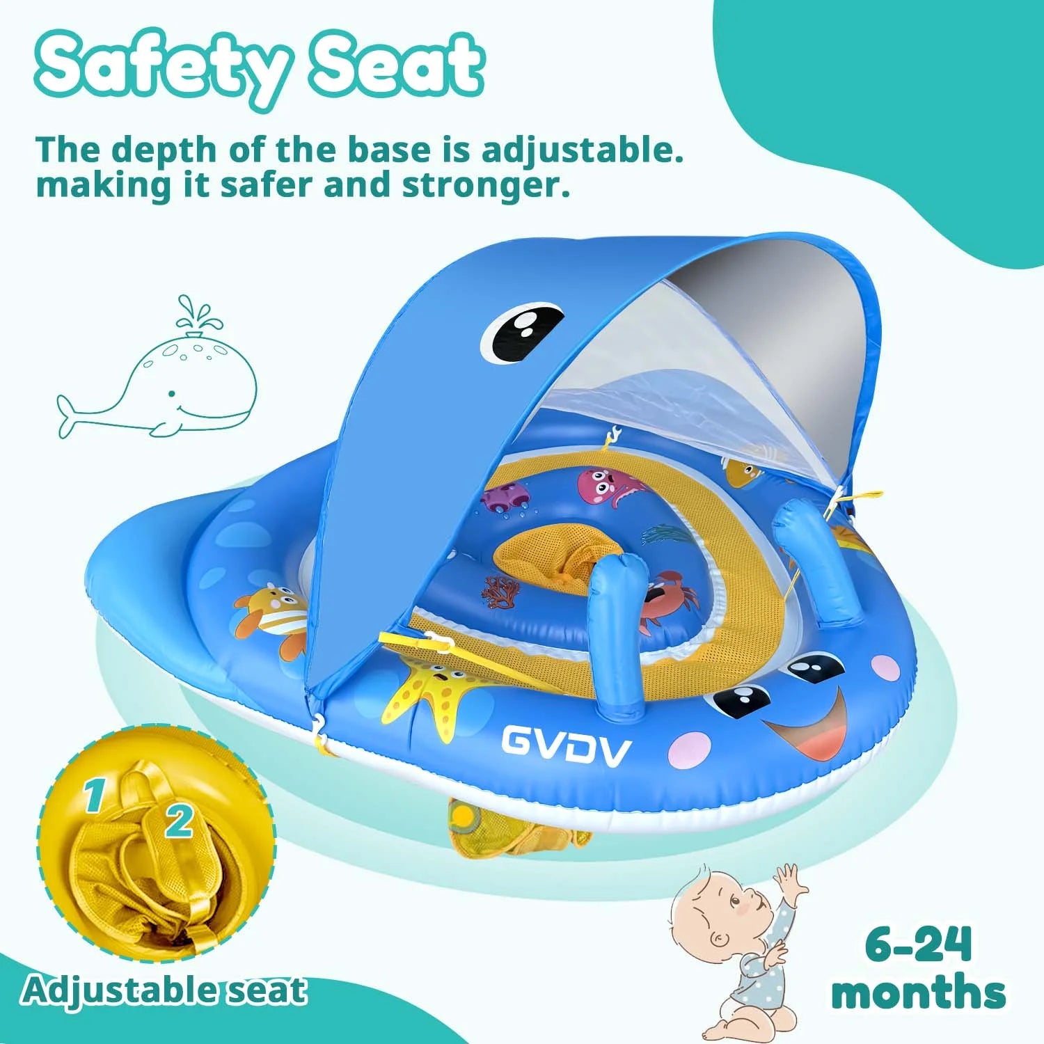 Baby Pool Float with Canopy UPF50+ Sun Protection, 6-24 Months Inflatable Infant Swimming Ring with Adjustable Safety Seat