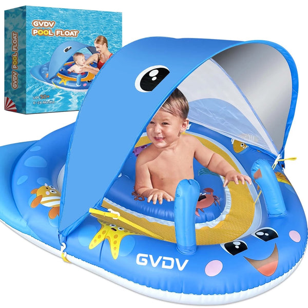 Baby Pool Float with Canopy UPF50+ Sun Protection, 6-24 Months Inflatable Infant Swimming Ring with Adjustable Safety Seat