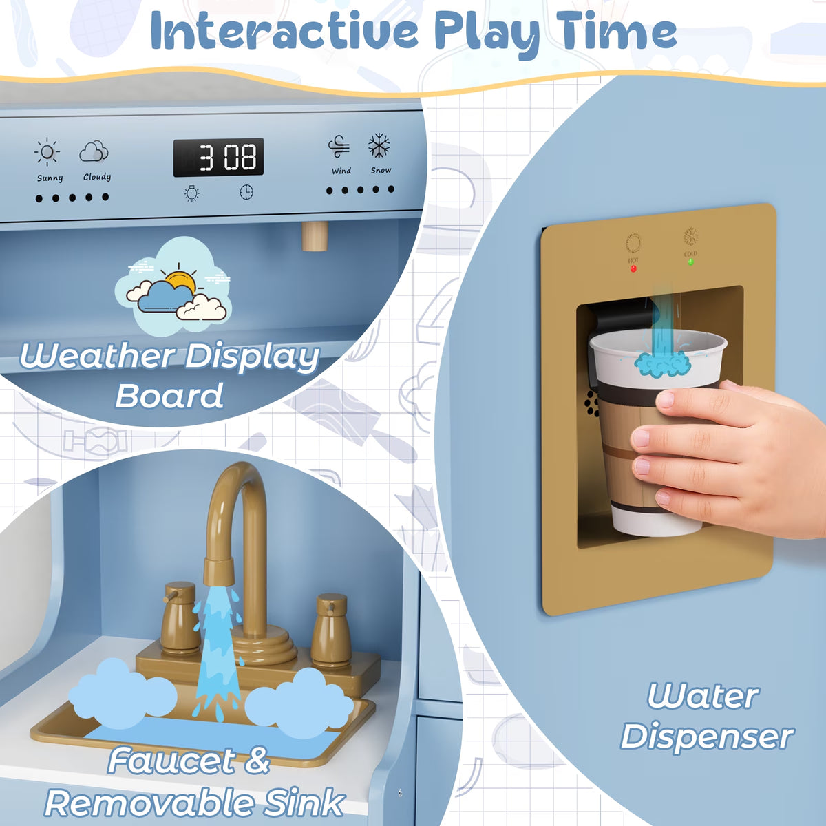 Kids Pretend Play Kitchen Set W/ Realistic Light & Sound, Wooden Kitchen Playset Interactive Toys for Toddler W/ Sink/Stove/Water Dispenser/6-Piece Kitchenware
