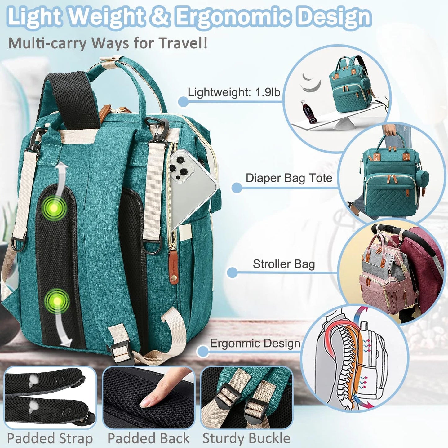 Baby Diaper Bag Backpack, Multifunction Waterproof Baby Bag with USB Charging Port, Stroller Straps & Pacifier Case Unisex,Green