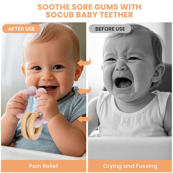 Baby Teething Toys for 0-6 6-12 Months- Bpa-Free Food-Grade Silicone & Natural Beech Wood Teether Ring for Newborn Infants Teething Relief- Easy-Grip Sensory Rattle Toys(Dusty Lilac)