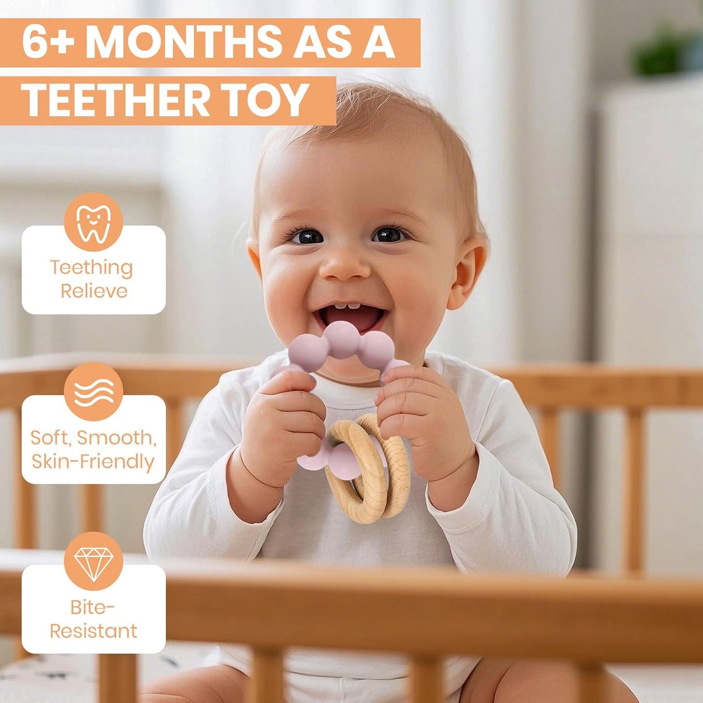 Baby Teething Toys for 0-6 6-12 Months- Bpa-Free Food-Grade Silicone & Natural Beech Wood Teether Ring for Newborn Infants Teething Relief- Easy-Grip Sensory Rattle Toys(Dusty Lilac)