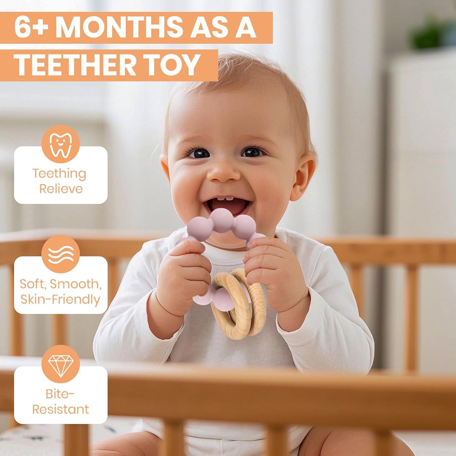 Baby Teething Toys for 0-6 6-12 Months- Bpa-Free Food-Grade Silicone & Natural Beech Wood Teether Ring for Newborn Infants Teething Relief- Easy-Grip Sensory Rattle Toys(Dusty Lilac)