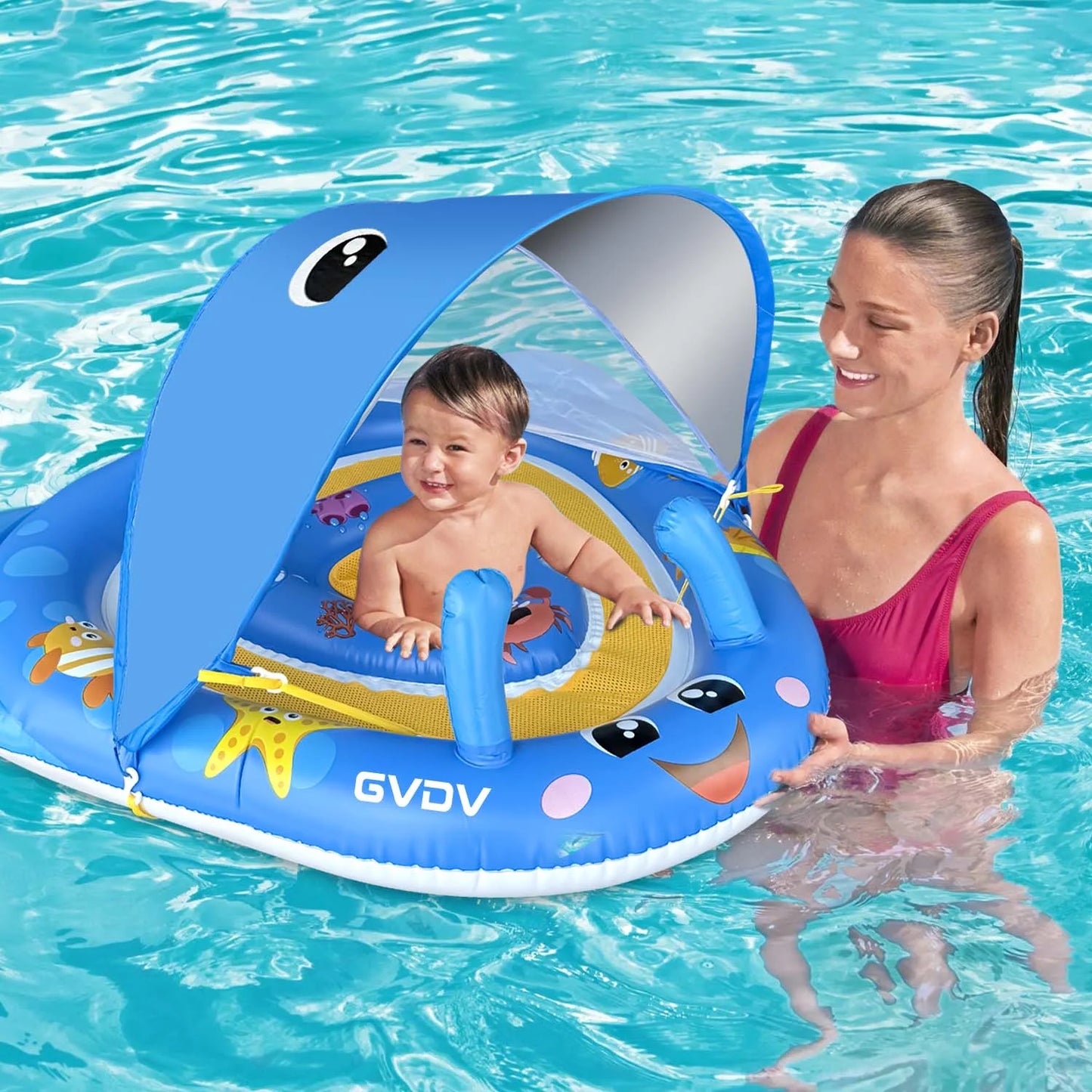 Baby Pool Float with Canopy UPF50+ Sun Protection, 6-24 Months Inflatable Infant Swimming Ring with Adjustable Safety Seat