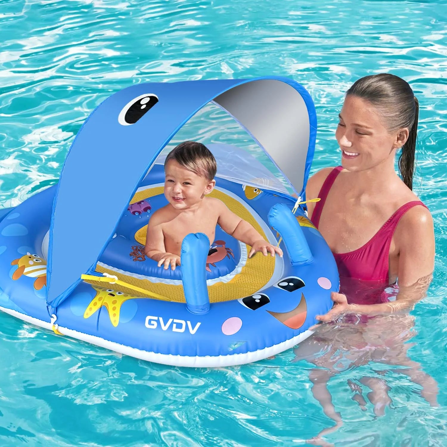 Baby Pool Float with Canopy UPF50+ Sun Protection, 6-24 Months Inflatable Infant Swimming Ring with Adjustable Safety Seat
