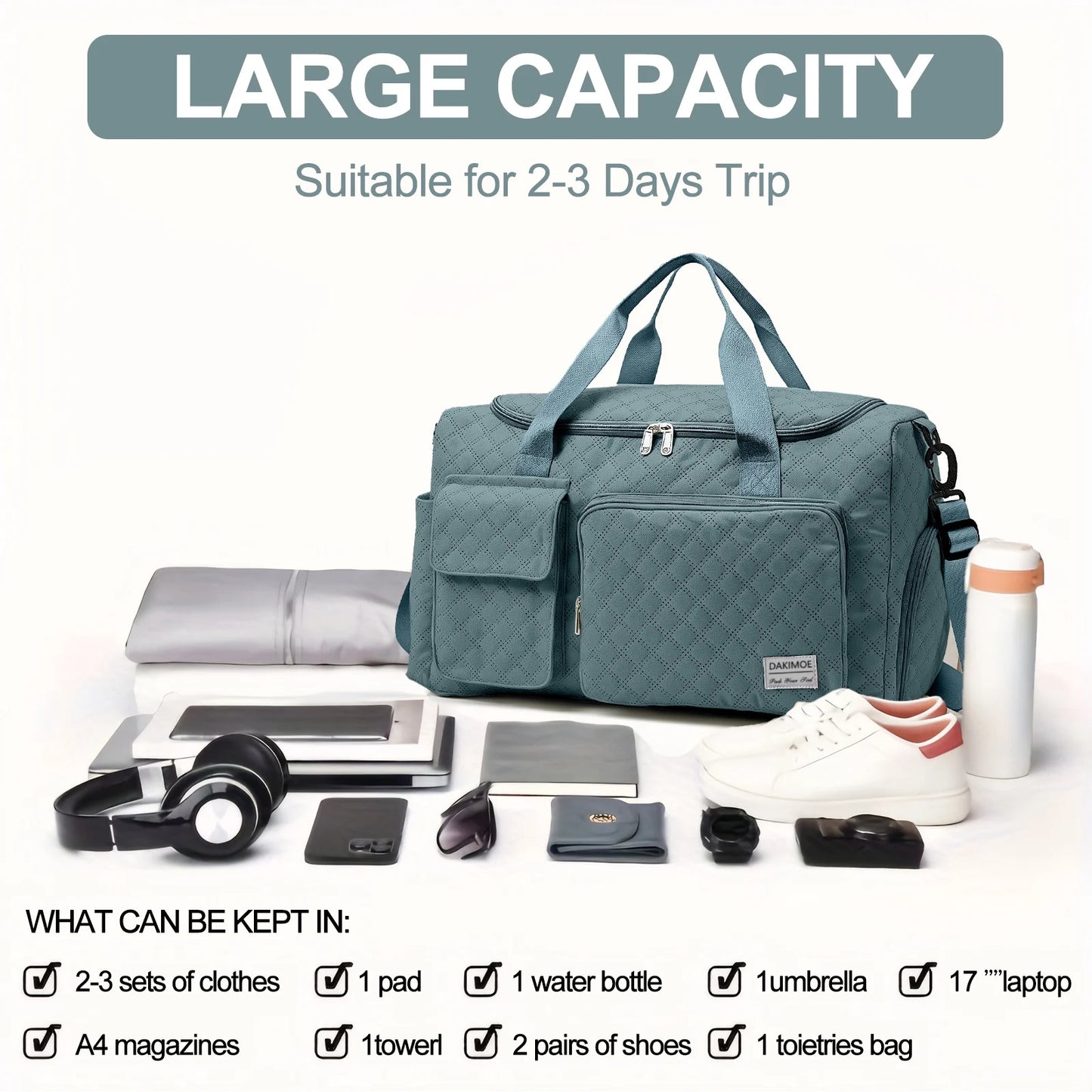 Travel Duffle Bag for Women Men, Weekender Overnight Bags Carry on Gym Bag with Wet Pocket/Adjustable Strap/Shoe Compartment, Foldable Waterproof Duffel Tote for Plane Sports Dance, Green