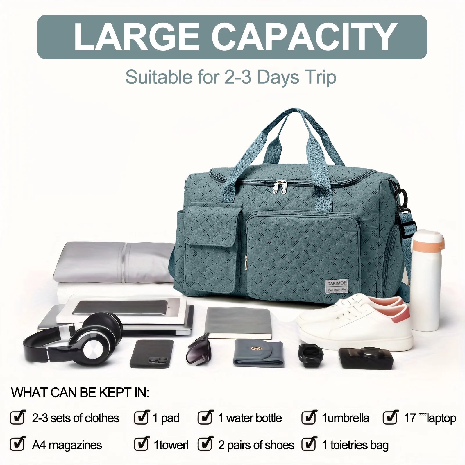 Travel Duffle Bag for Women Men, Weekender Overnight Bags Carry on Gym Bag with Wet Pocket/Adjustable Strap/Shoe Compartment, Foldable Waterproof Duffel Tote for Plane Sports Dance, Green